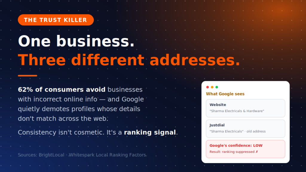 Infographic: 62% of consumers avoid businesses with incorrect online information โ inconsistent NAP details suppress Google Maps rankings